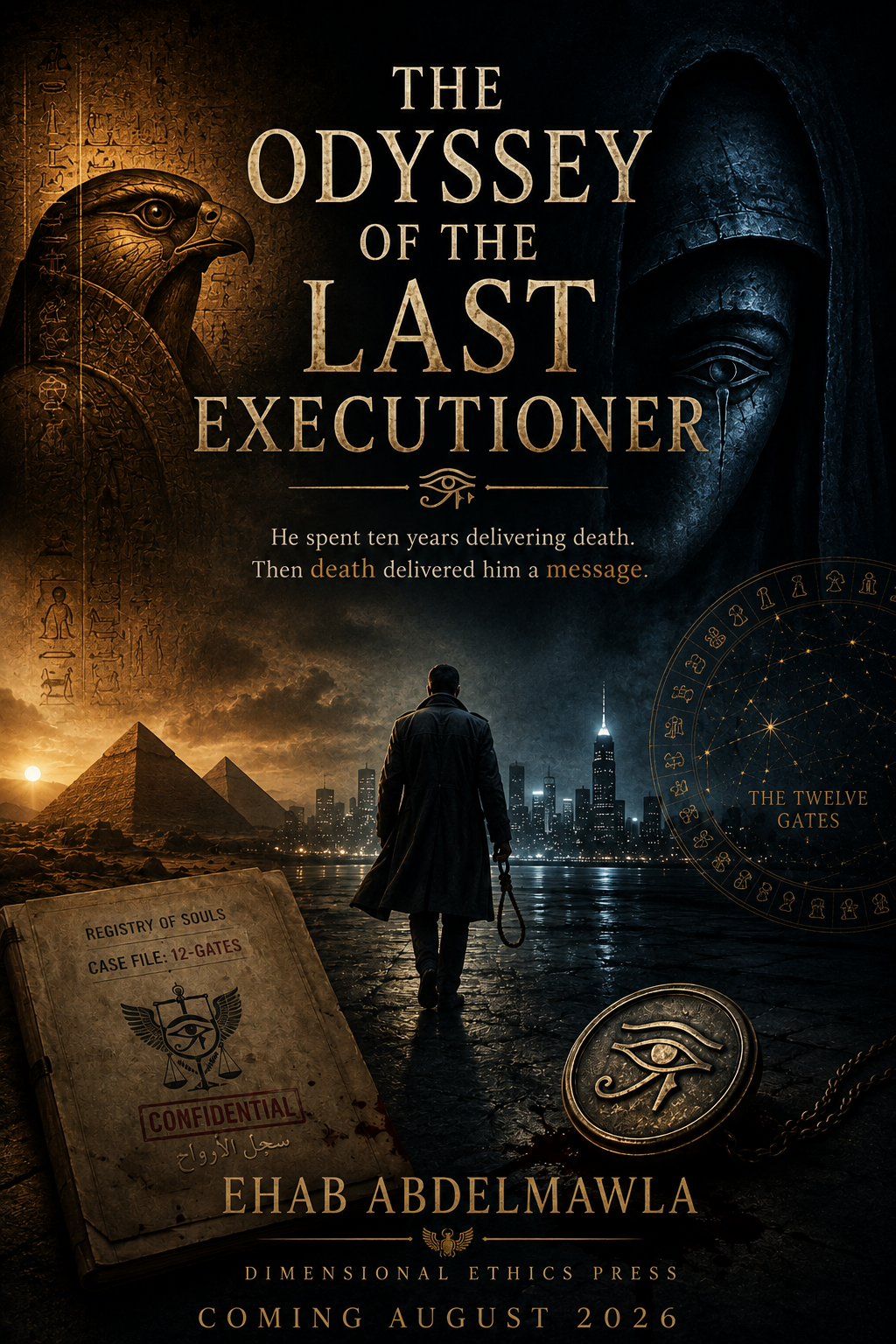 The Odyssey of the Last Executioner — cinematic teaser poster featuring a lone figure walking toward a luminous city skyline, flanked by Egyptian iconography, a veiled face, the Twelve Gates zodiac, and the Registry of Souls case file.